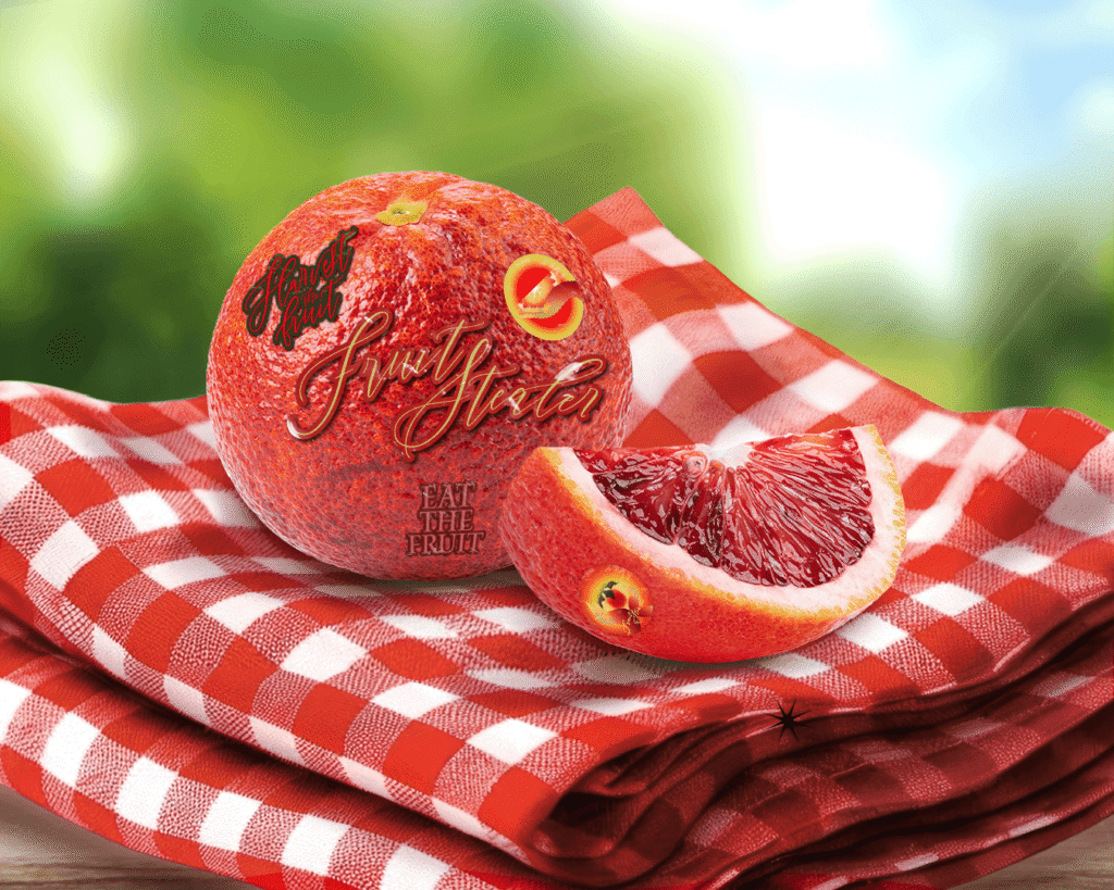 Sliced orange with Fruit Stealer promo stickers