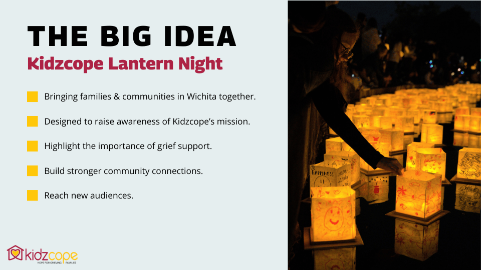 Kidzcope Lantern Night

Bringing families & communities in Wichita together.
Designed to raise awareness of Kidzcope’s mission.
Highlight the importance of grief support.
Build stronger community connections.
Reach new audiences.