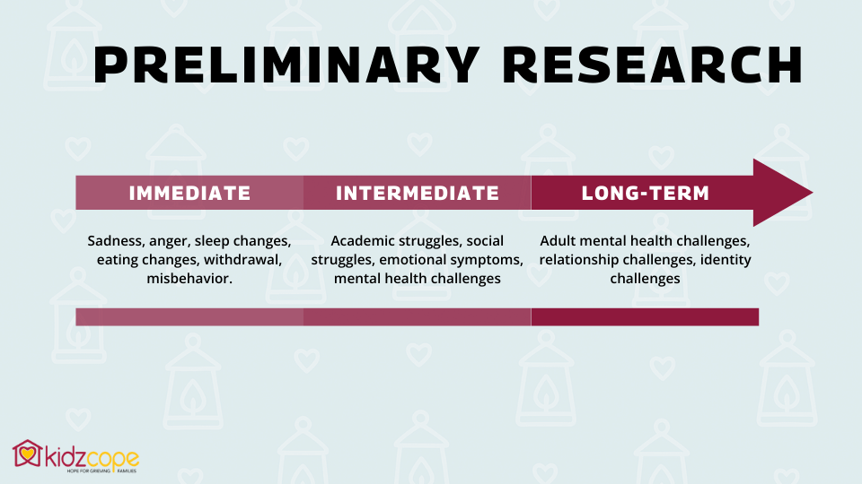 Preliminary Research
IMMEDIATE
Sadness, anger, sleep changes, eating changes, withdrawal, misbehavior.
INTERMEDIATE
Academic struggles, social struggles, emotional symptoms, mental health challenges.
LONG-TERM
Adult mental health challenges, relationship challenges, identity challenges.