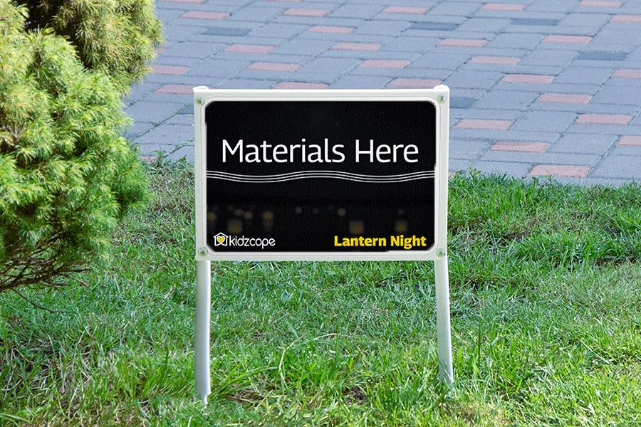 Kidzcope Water Lantern Night materials here yard sign. 